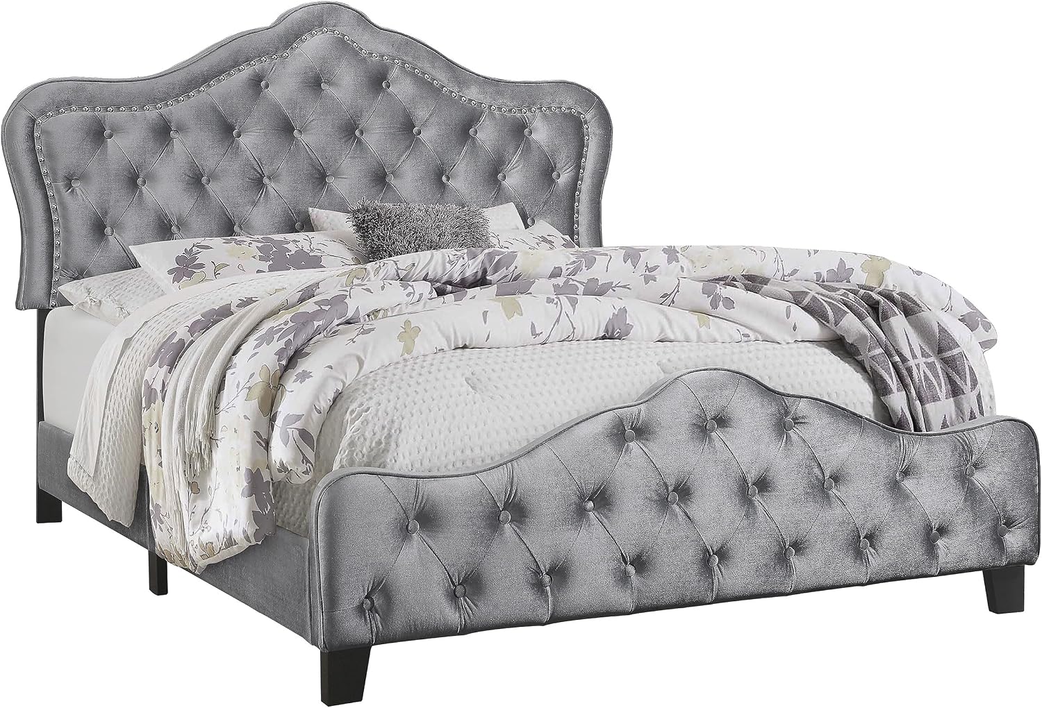 Coaster Home Furnishings - Bella - Wood - Upholstered Panel Bed with Bell Style Headboard, Button Tufting, Chrome Nail Heads and Welt Trim - Bedroom - California King Size - Gray - 315871KW