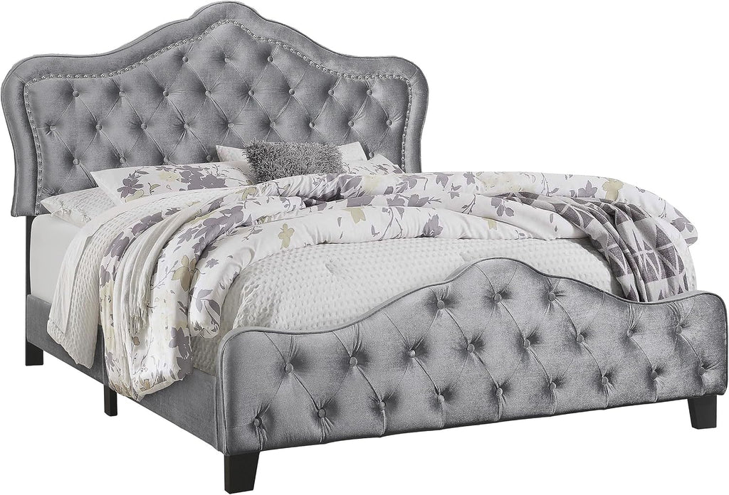 Coaster Home Furnishings - Bella - Wood - Upholstered Panel Bed with Bell Style Headboard, Button Tufting, Chrome Nail Heads and Welt Trim - Bedroom - Queen Size - Gray - 315871Q