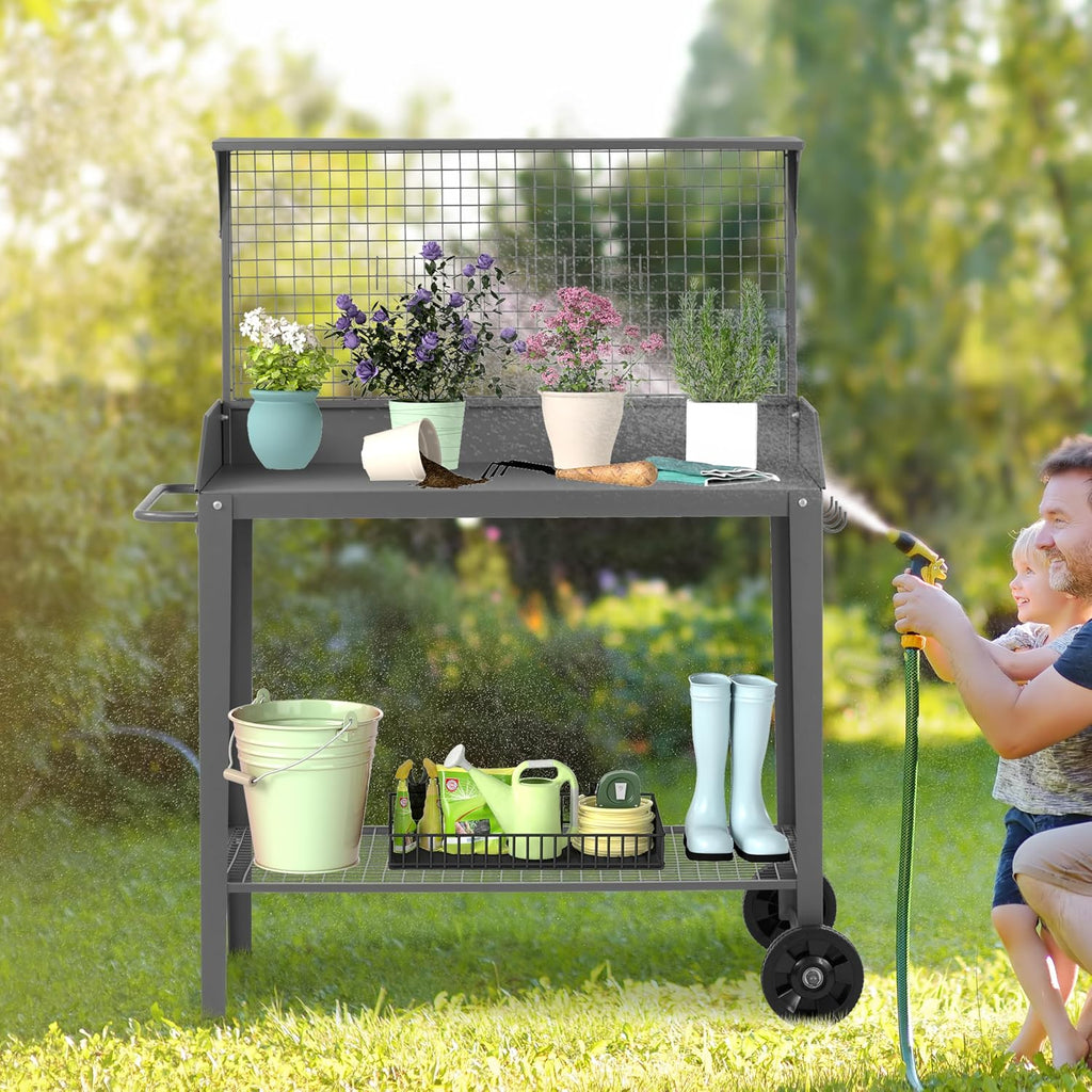 DDK Outdoor Metal Potting Bench with Wheels & Hooks, Wire Rack, Dark Gray | Rustproof Metal, Raised-Edge Worktop, Trellis Top Shelf, 4 Side Hooks, Wire Bottom Shelf