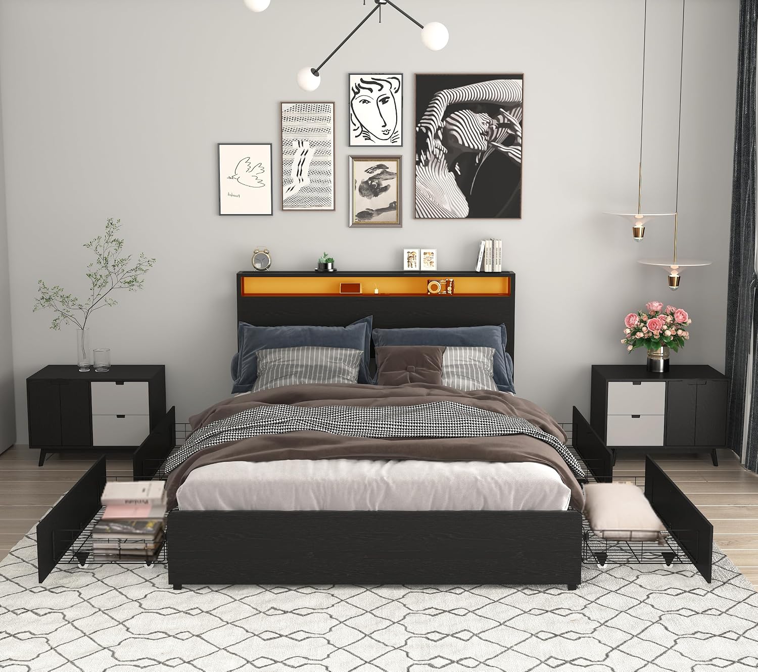 Bellemave Full Size Bed Frame with 4 Storage Drawers and Charging, Full Size Bed Frame with Headboard and Charging Station and with Led Lightstation, No Box Spring Needed, (Full, Black)