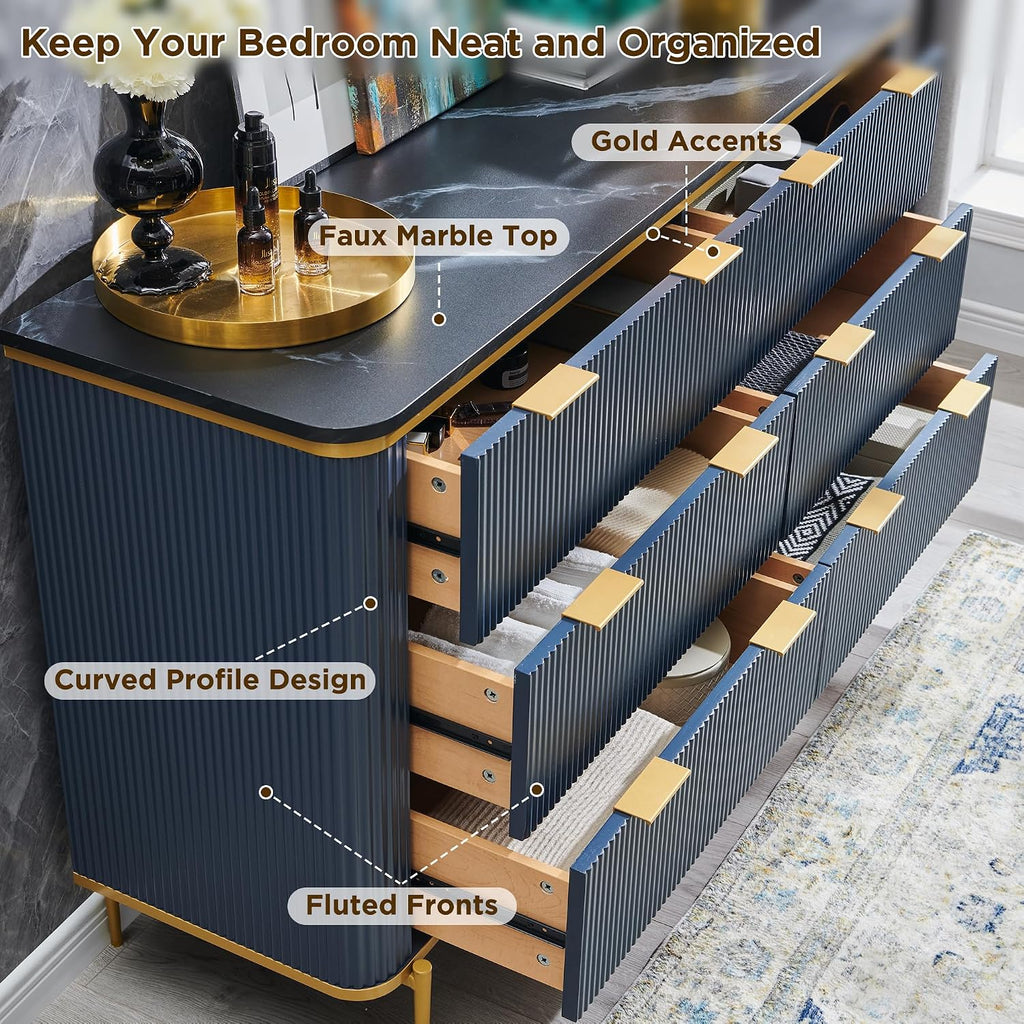 T4TREAM Fluted 6 Drawers Dresser for Bedroom, 54' Wide Modern Dresser TV Stand, Gold Accents, Fluted Fronts, Wood Storage Dressers Organizer for Bedroom, Living Room, (Dark Grey)