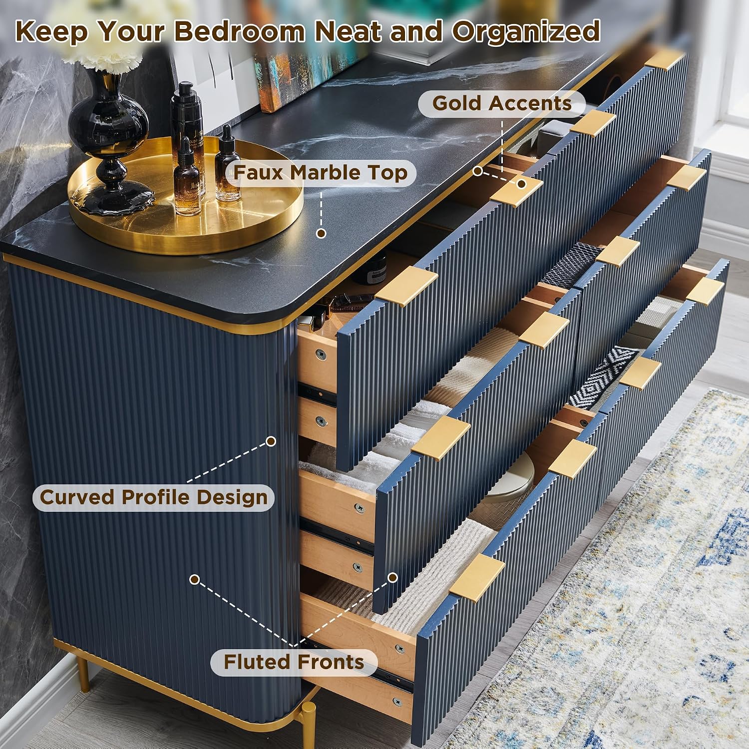 T4TREAM Fluted 6 Drawers Dresser for Bedroom, 54' Wide Modern Dresser TV Stand, Gold Accents, Fluted Fronts, Wood Storage Dressers Organizer for Bedroom, Living Room, (Dark Grey)