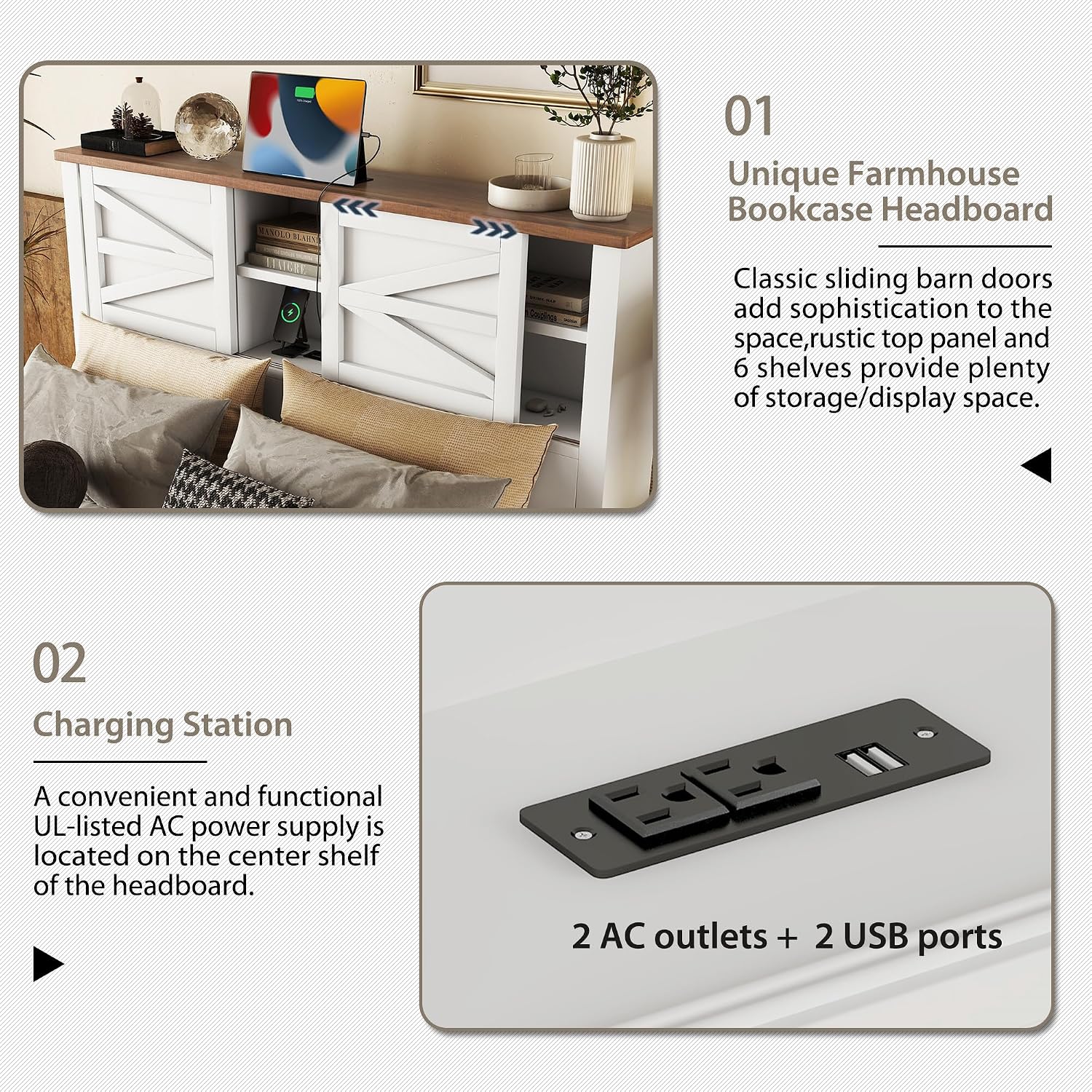 SOFTSEA Farmhouse 3 Piece Full Size Bedroom Set, Full Size Wood Platform Bed with Sliding Door Storage Headboard & Charging Station, Nightstand and Dresser, White
