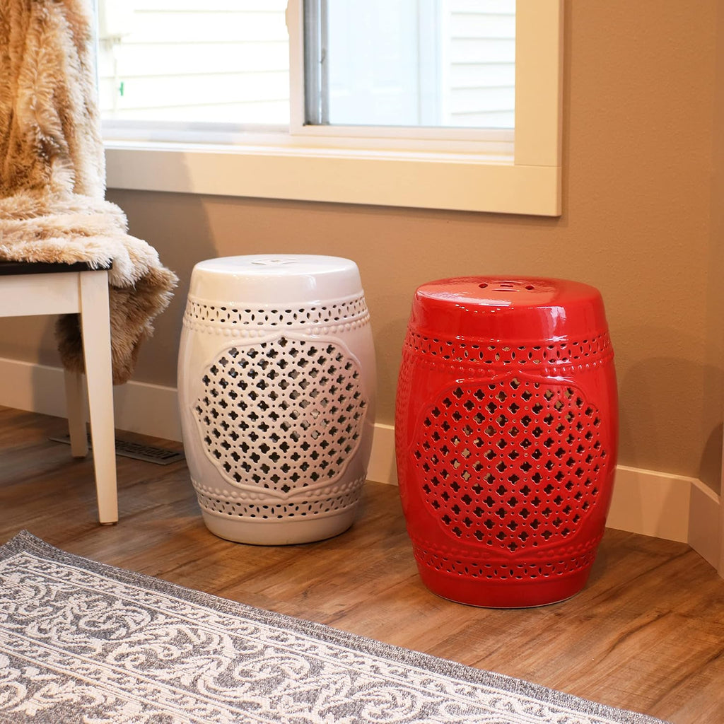 Sunnydaze Ceramic Garden Stool Side Table - Indoor or Outdoor - Marrakesh - White