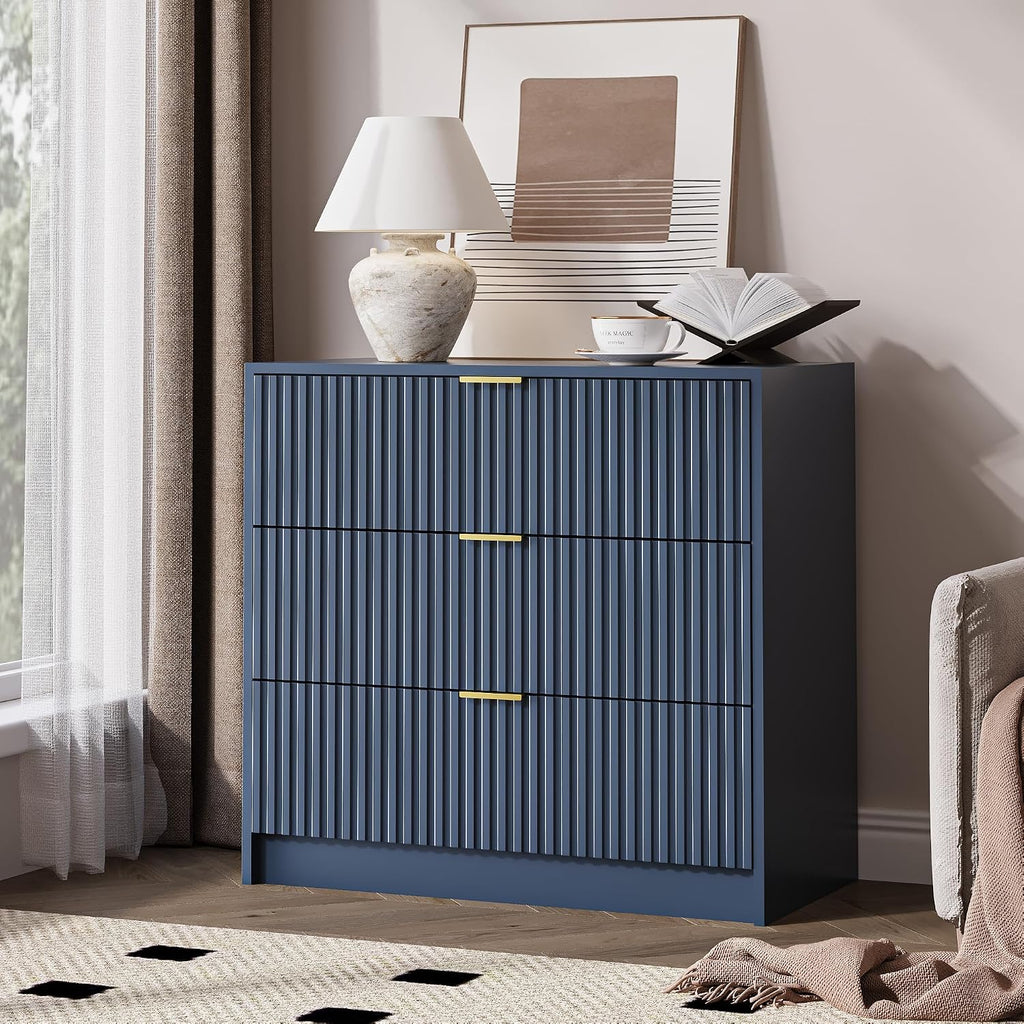 MAISONARIA Fluted Dresser for Bedroom, 32 Inch Wide Nightstand with Large Drawer, 3 Drawer End Table for Bedroom, Living Rooms, Offices, and Entryways, Navy Blue