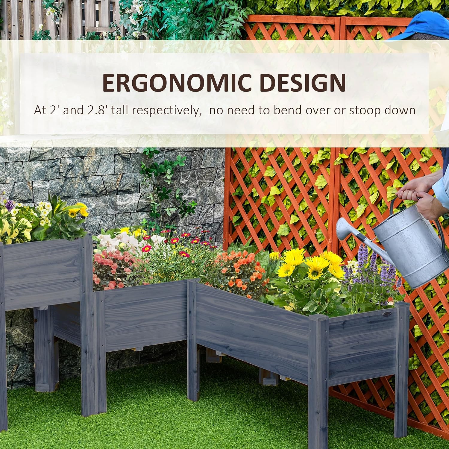 Outsunny Raised Garden Bed Set of 3, Wooden Elevated Planter Box with Legs and Bed Liner, for Backyard and Patio to Grow Vegetables, Herbs, and Flowers, Gray