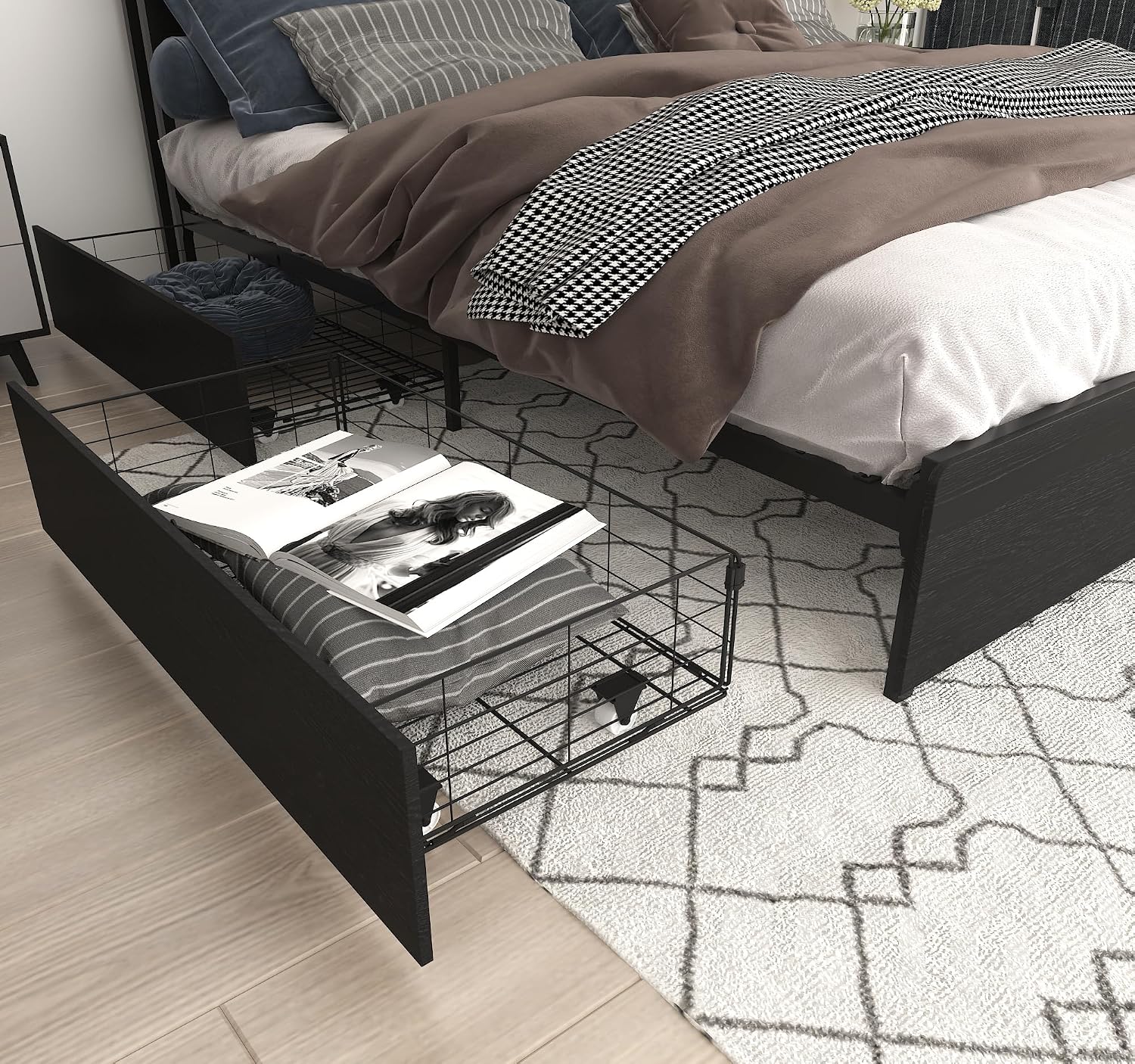 Bellemave King Size Bed Frame with 4 Storage Drawers and Charging, King Size Bed Frame with Headboard and Charging Station and with Led Lightstation, No Box Spring Needed, (King, Black)