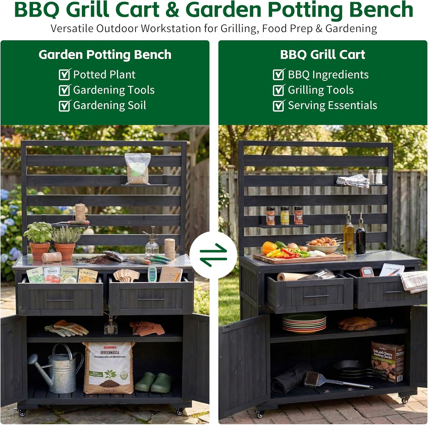 Solid Wood Grill Prep BBQ Table,Garden Potting Bench with Stainless Table Top,3 Movable Shelves and 2 Drawers (Black-LP)