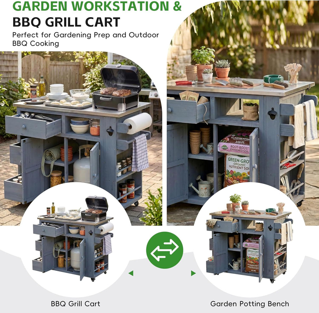 LUMISOL 4-Piece Outdoor Grill Table with Sink and Faucet, Rolling Kitchen Island with Movable Shelves and 2 Drawers, Garden Potting Bench Table with Stainless Table Top, for Patio Backyard, Gray