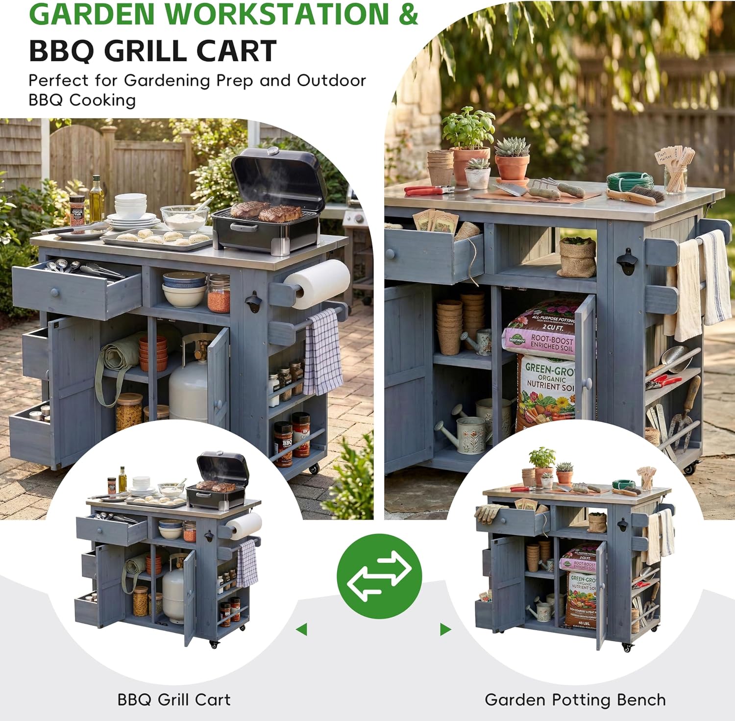 LUMISOL 4-Piece Outdoor Grill Table with Sink and Faucet, Rolling Kitchen Island with Movable Shelves and 2 Drawers, Garden Potting Bench Table with Stainless Table Top, for Patio Backyard, Gray