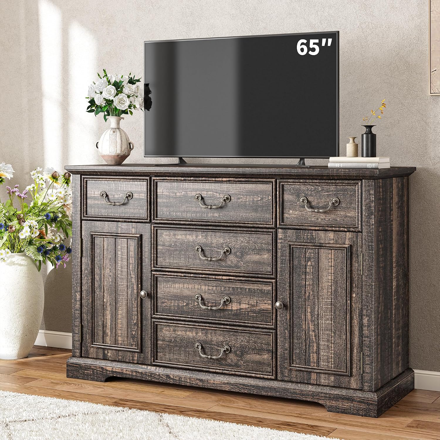 Homkdom Farmhouse Dresser – 6 Drawers & 2 Doors for Bedroom Storage Dresser Sturdy Build & Smooth Silent Slides，Dark Rustic Oak