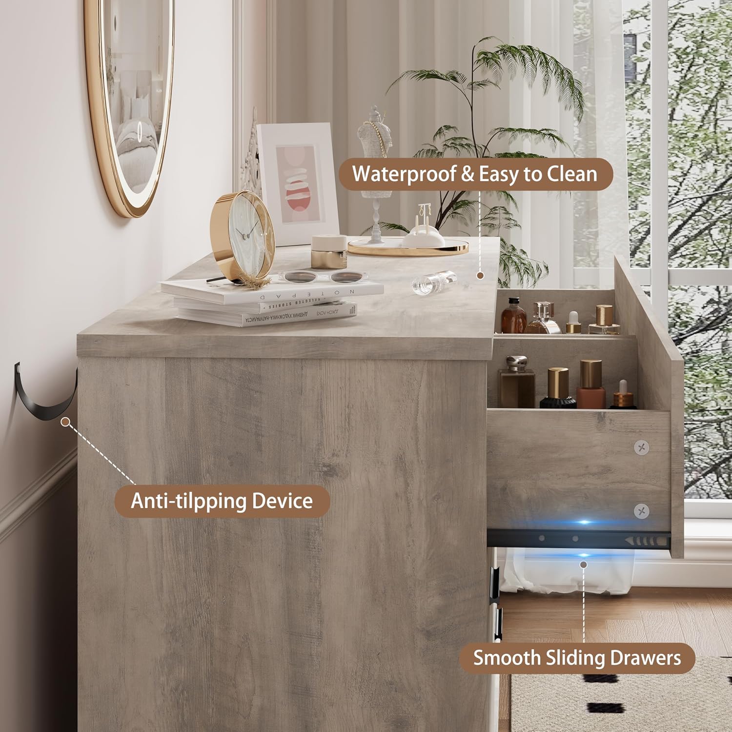Xixini Dresser for Bedroom, 6 Drawer Wide Modern Chest of Drawers with X-Shaped Sturdy Base, Wood Double Dresser Closet Clothes Storage Organizer, Wooden TV Stand for Living Room, Hallway, Grey