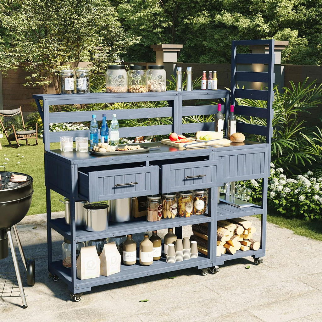 Polibi 62.3' Outdoor Kitchen Island Solid Wood BBQ Cart with Stainless Steel Top & Drawers, Heavy Duty Patio Prep Table on Wheels, 2-in-1 Garden Potting Bench for Parties, Gray