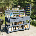 Polibi 62.3' Outdoor Kitchen Island Solid Wood BBQ Cart with Stainless Steel Top & Drawers, Heavy Duty Patio Prep Table on Wheels, 2-in-1 Garden Potting Bench for Parties, Gray