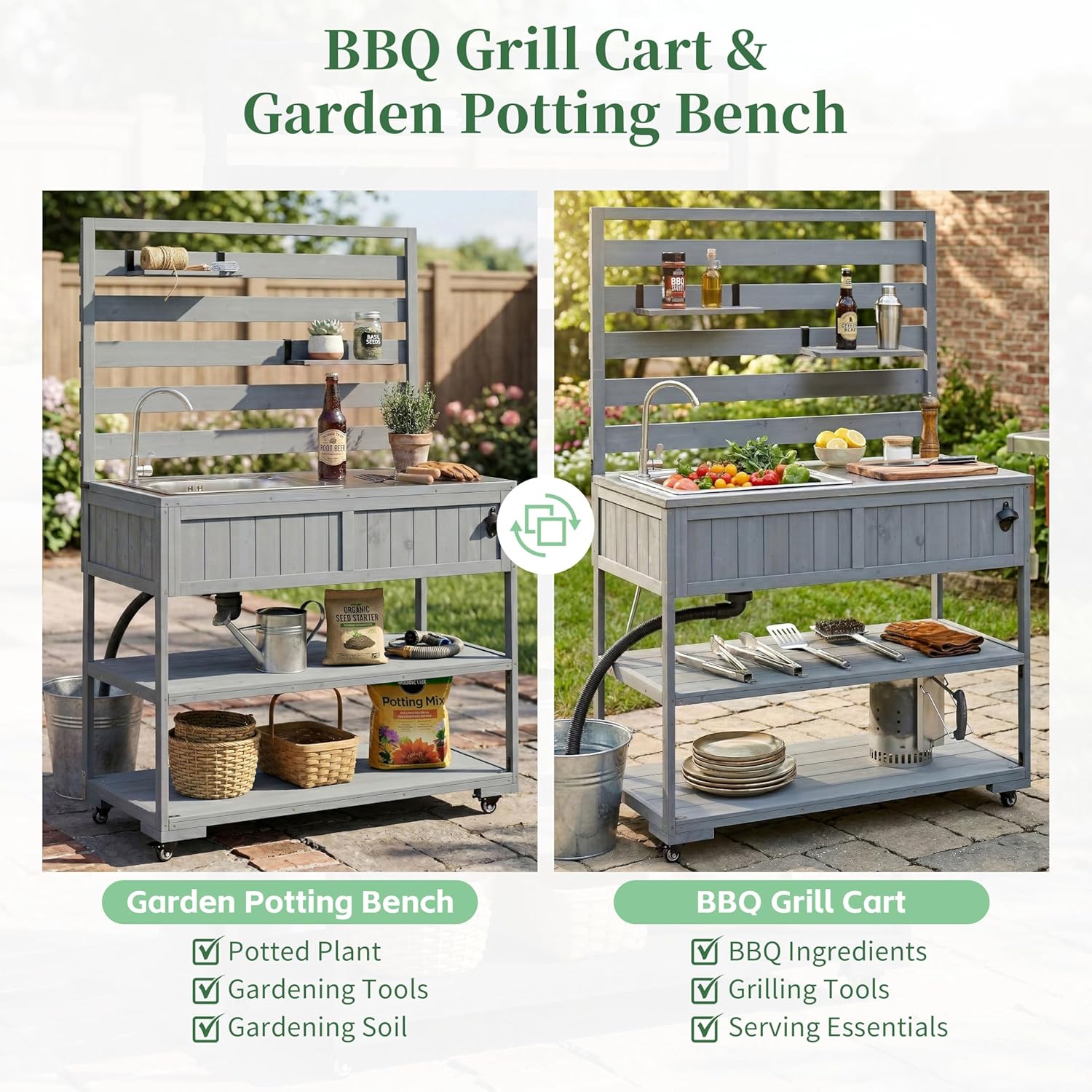 Outdoor Kitchen Island with Sink and Stainless Steel Top, 65 in | Fir wood, stainless steel top, sink, faucet, movable shelves, bottle opener, lockable wheels, 41.7 W x 16.6 D x 65 H in