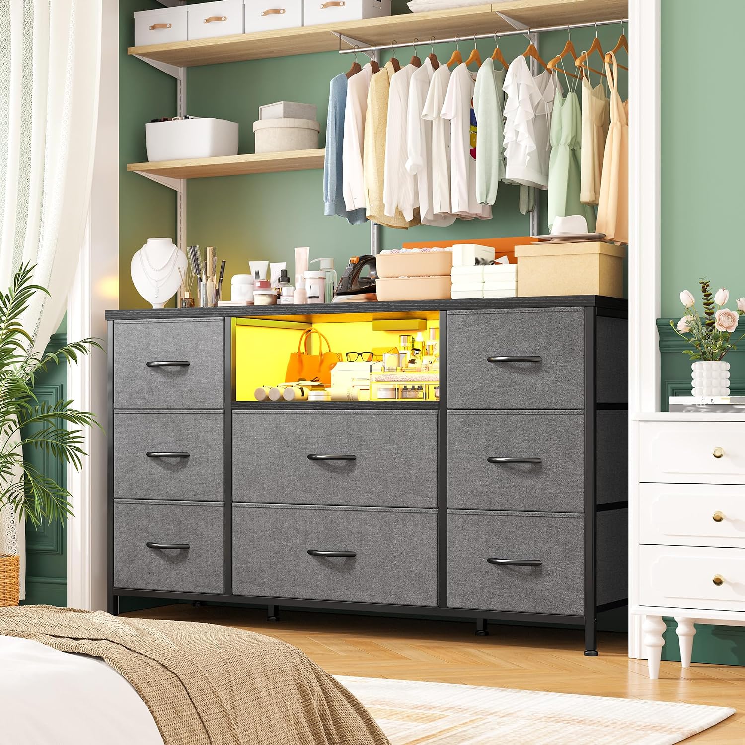 EnHomee Dresser for Bedroom with LED Lights & Charging Station, Dresser TV Stand for Bedroom with 8 Drawer for 55 inch TV, Fabric Dressers & Chests of Drawers with Shelves for Hallway Entryway, Grey