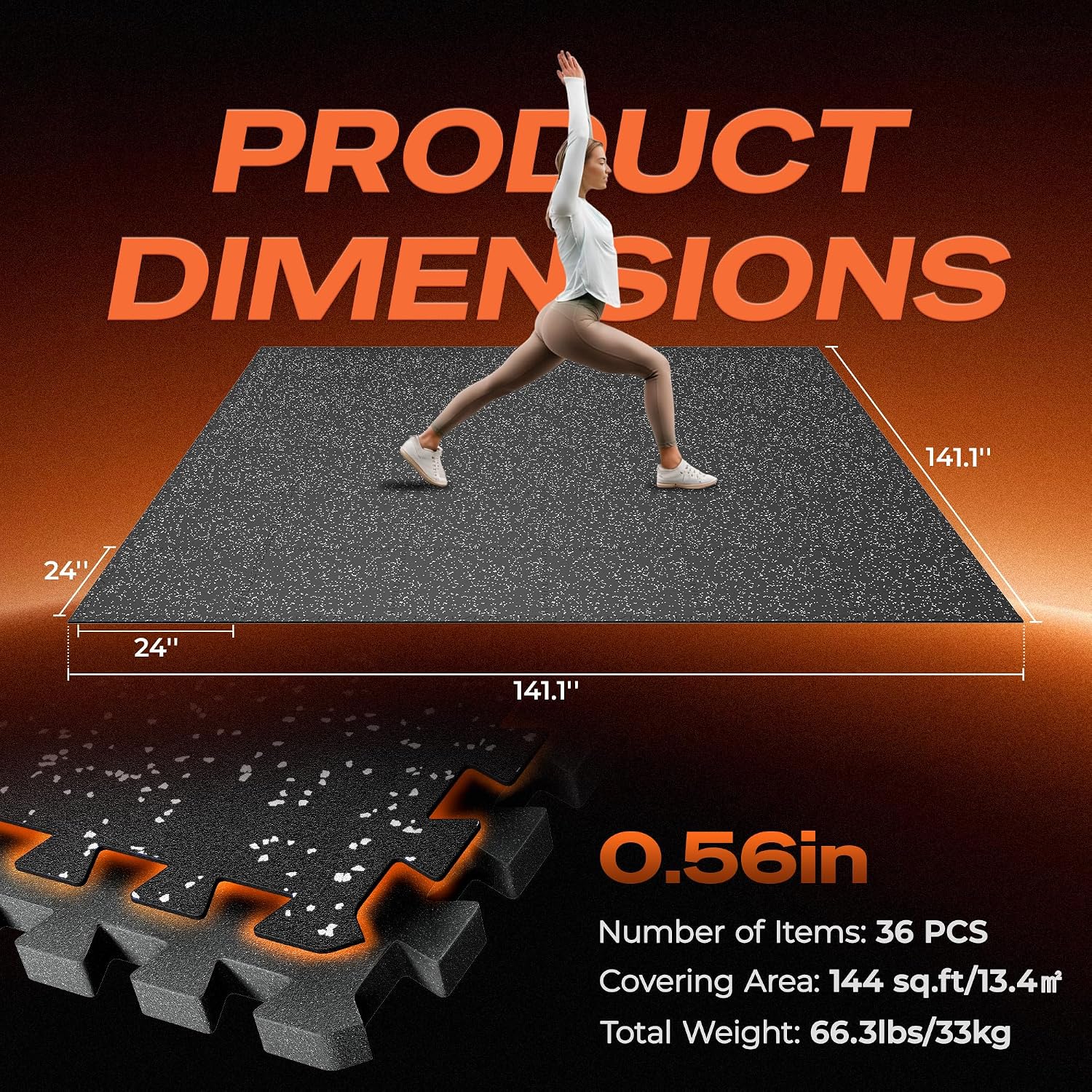 SUPERJARE 0.56'' Thick 36 Pcs 144 Sq Ft Rubber Top Exercise Equipment Mats, High Density EVA Foam Mats with Rubber Top, Interlocking Gym Flooring for Home Gym, Protective Workout Mat, Black/Grey