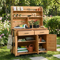 Polibi 65' H Large Garden Potting Bench with Lockable Wheels,Hutch Top & Storage Cabinet, Fir Wood Outdoor Kitchen Island Prep Cart with Drawers and Removable Shelves for Grilling, Natural