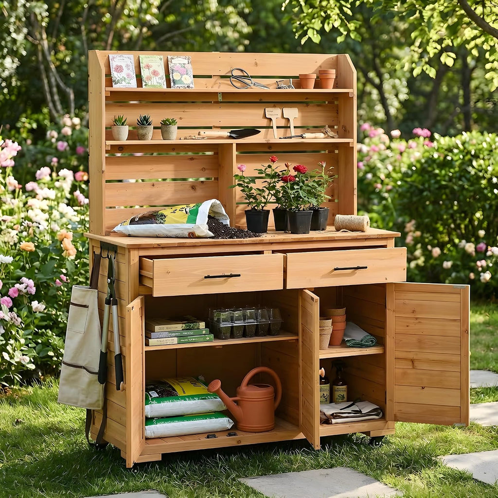 65''H Large Garden Potting Bench with Lockable Wheels and Storage,Wood Outdoor Kitchen Island Prep Cart with Hutch Top,Drawers and Removal Shelves for Grilling (Natural-LG)