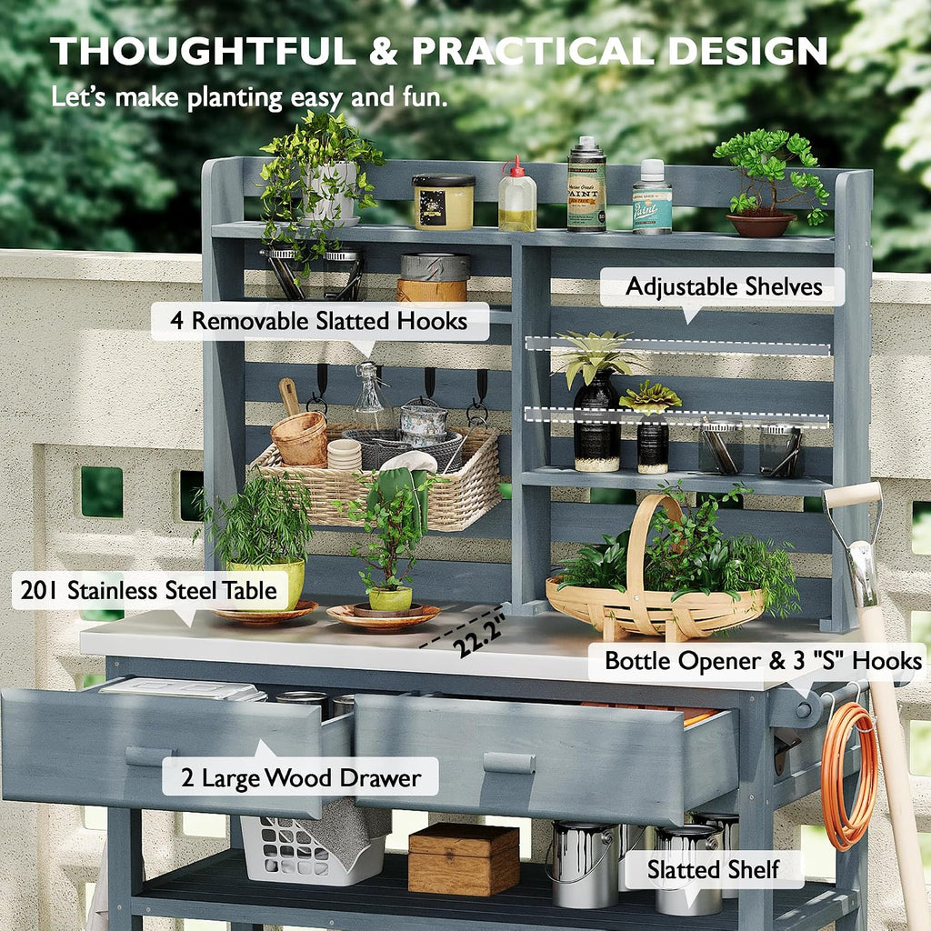 Outdoor Potting Bench Table with Lockable Wheels, Solid Wood Outdoor Kitchen Island with Upper Hutch, Stainless Steel Top, Towel Rack,Outdoor Storage for Grilling, Lawn Garden (Grey, 64.9' H)