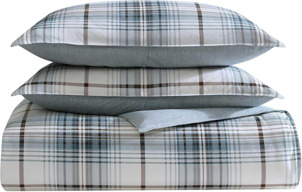 Eddie Bauer - King Comforter Set, Reversible Cotton Bedding with Matching Shams, Plaid Home Decor (Alder Blue/Grey, King)