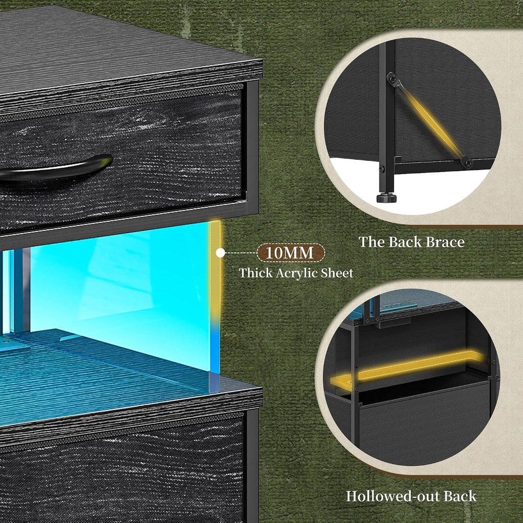 Romorgniz Black Dresser for Bedroom with Charging Station and LED Lights, Fabric Dressers & Chest of Drawers, Dresser TV Stands for Living Room, Open Shelves, 10MM Thick Acrylic Sheet