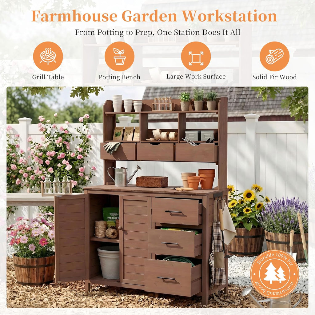 Farmhouse Patio Potting Bench with Storage Cabinet, 65' H Garden Workstation with 6 Drawers and Side Hooks, Outdoor Kitchen Island with Adjustable Shelf for Patio, Backyard, Brown