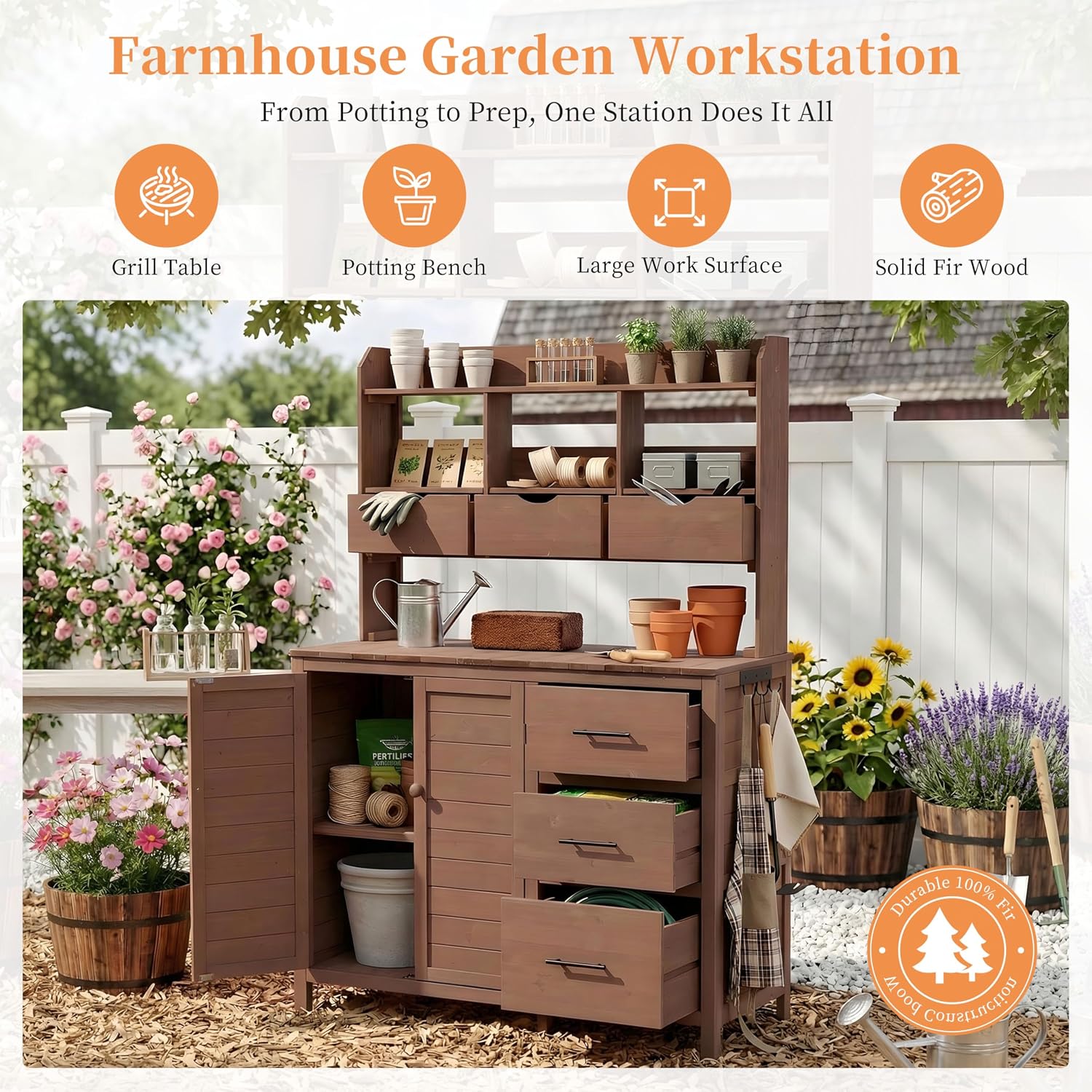 Farmhouse Patio Potting Bench with Storage Cabinet, 65' H Garden Workstation with 6 Drawers and Side Hooks, Outdoor Kitchen Island with Adjustable Shelf for Patio, Backyard, Brown