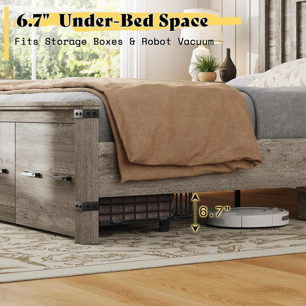 AMERLIFE King Bed Frame with 51' Tall Headboard, 3 Large Storage Drawers, Wood Platform Bed, No Box Spring Needed, Silent Frame, Easy Assembly, Farmhouse, Rustic Grey