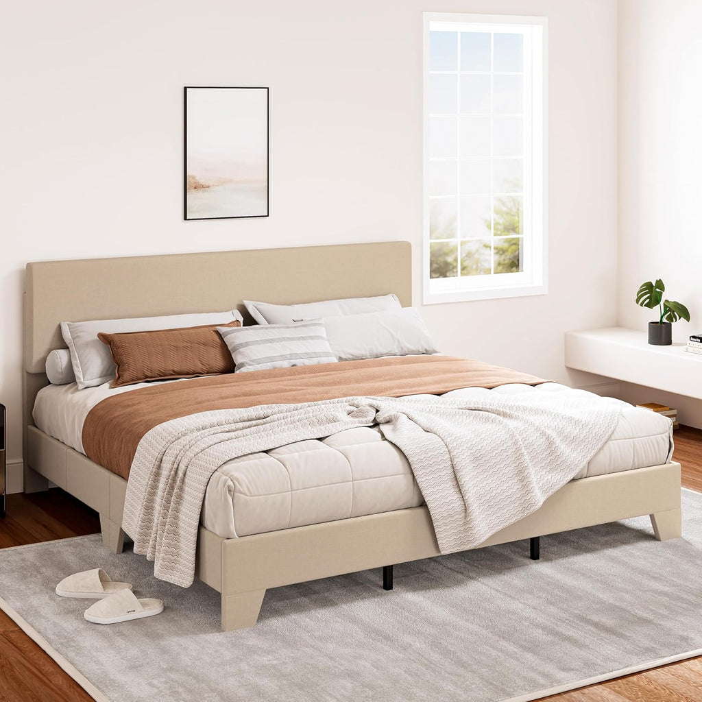 SHA CERLIN Upholstered King Size Bed Frame with Adjustable Headboard, Stable Mattress Foundation, Strong Back-Support, No Box Spring Needed, Beige