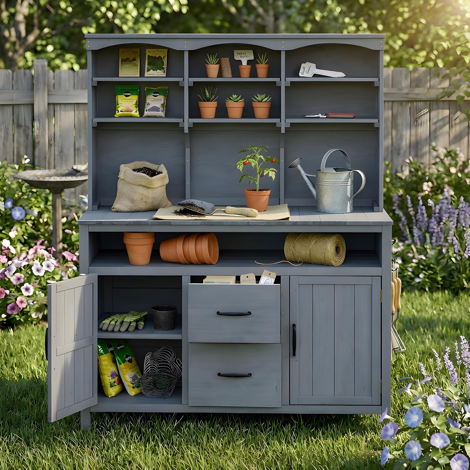 Roomfitters Outdoor Garden Potting Bench with Storage Hutch, Potting Table with Drawers and Cabinets, Shelves, Gray