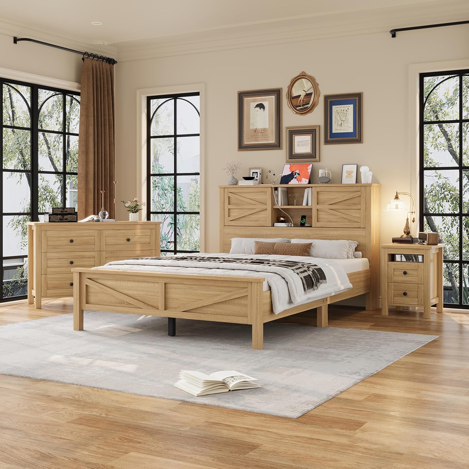 Farmhouse 3-Piece Full Size Bedroom Furniture Set, Platform Bed with Double Sliding Door Storage Headboard & Charging Station, Bed Frame with Storage Nightstand and Dresser (Natural, Queen) | 3-Piece
