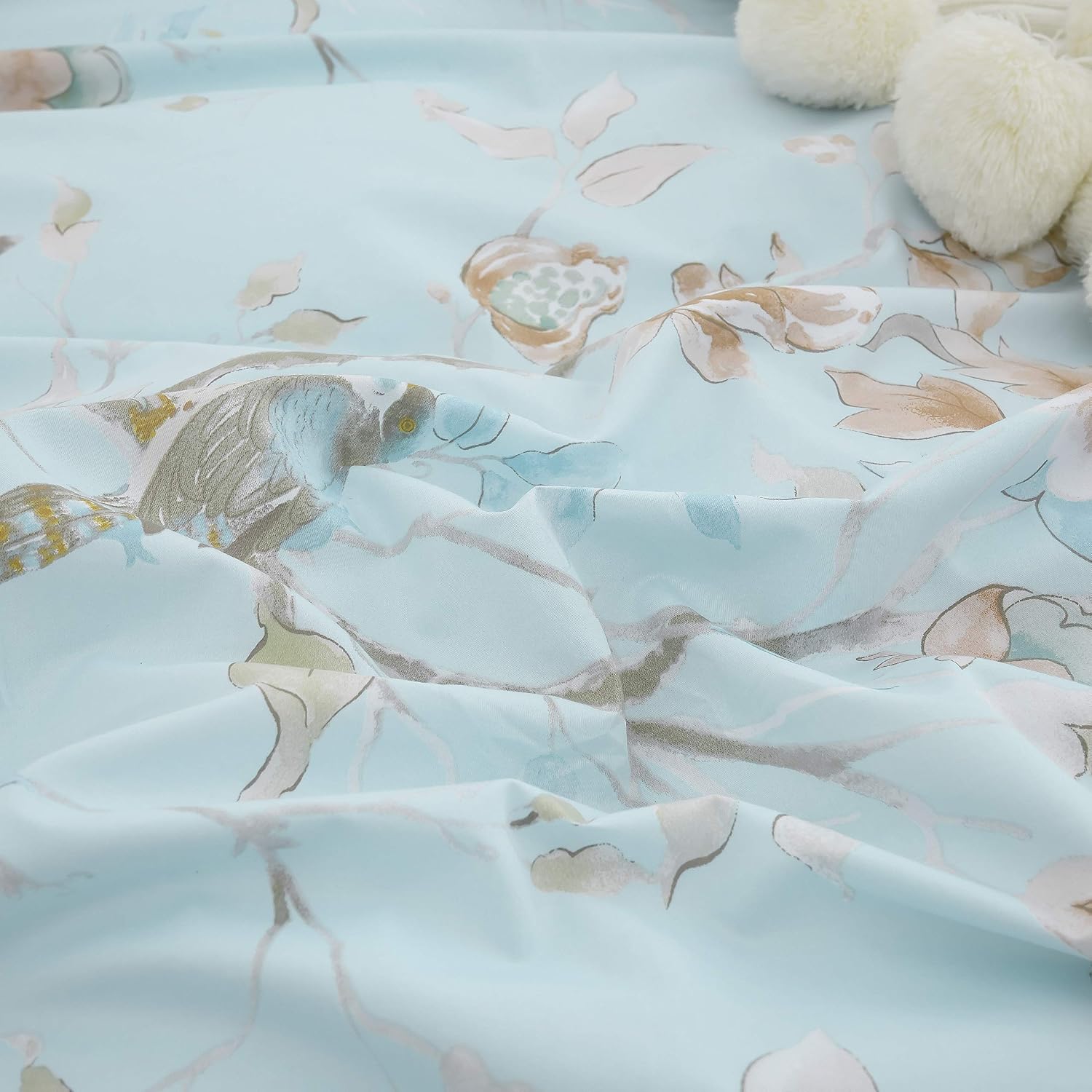 FADFAY Farmhouse Floral Bedding Shabby Blue Bird Print French Countryside Chic Bedding Set Luxury Bedskirt Collections 800 Thread Count 100% Egyptian Cotton, 4 Piece-Twin Size