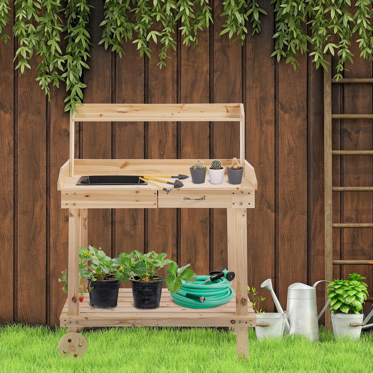 120x60x80cm Sturdy Workstation Potting Bench, 4 Swivel Casters, Sink Included, Side Drawer, Natural Wood Finish, Spacious Capacity Storage System