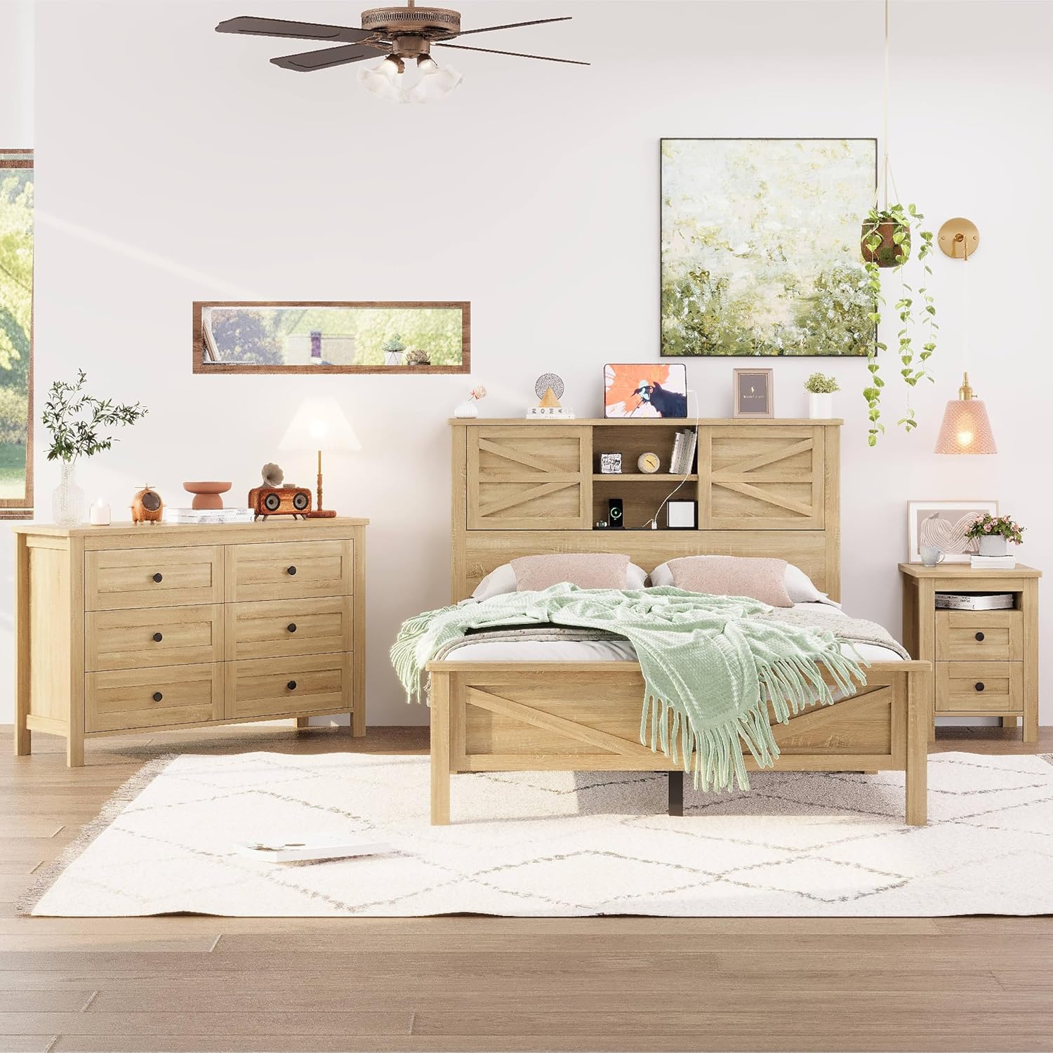Polibi 3-Pieces Bedroom Sets Full Size Platform Bed with Double Sliding Door Charging Headboard, Socket & USB, Includes Bedside Table and Dresser, Natural