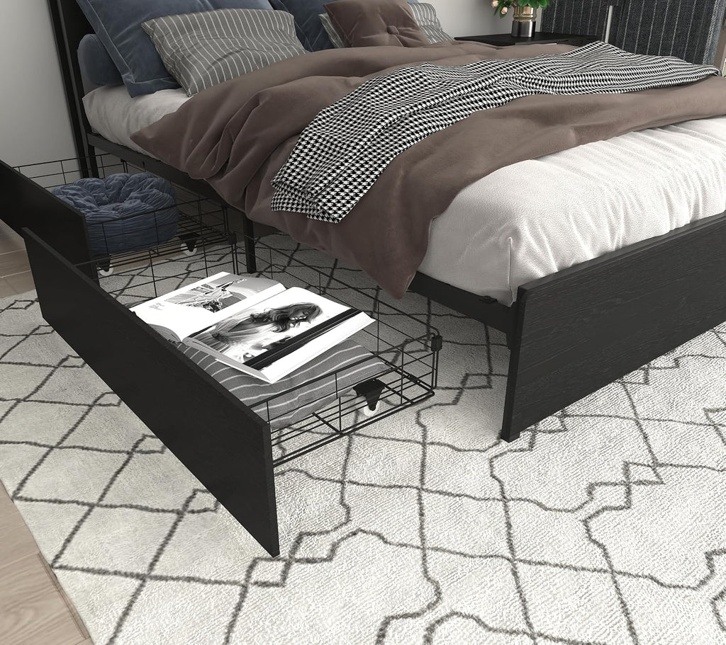 Bellemave Queen Size Bed Frame with 4 Storage Drawers and Charging, Queen Size Bed Frame with Headboard and Charging Station and with Led Lightstation, No Box Spring Needed, (Queen, Black)