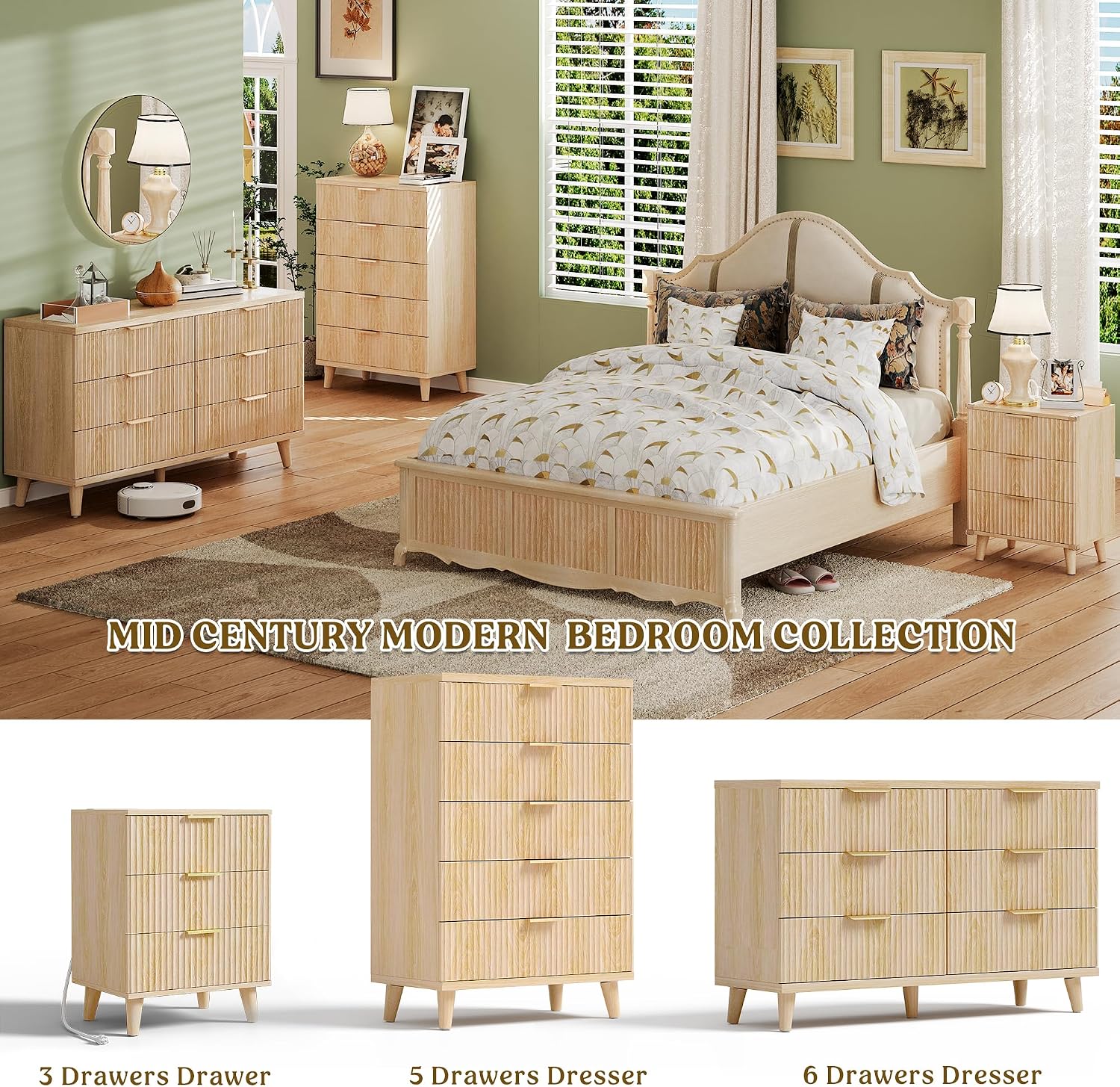 Lulive Dresser for Bedroom Wood Dressers Chest of Drawers, Fluted 53.2' Wide Modern Long Dresser TV Stand 6 Drawers for Bedroom, Closet, Living Room, Hallway (Natural)