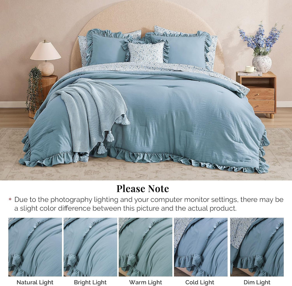 BLOOMHAVEN Oversized King Comforter Set - 7 Pieces Ruffle Blue Bedding Sets, Shabby Chic Farmhouse Bed in a Bag with Ruffle Comforter, Floral Sheets, Pillowcases & Shams