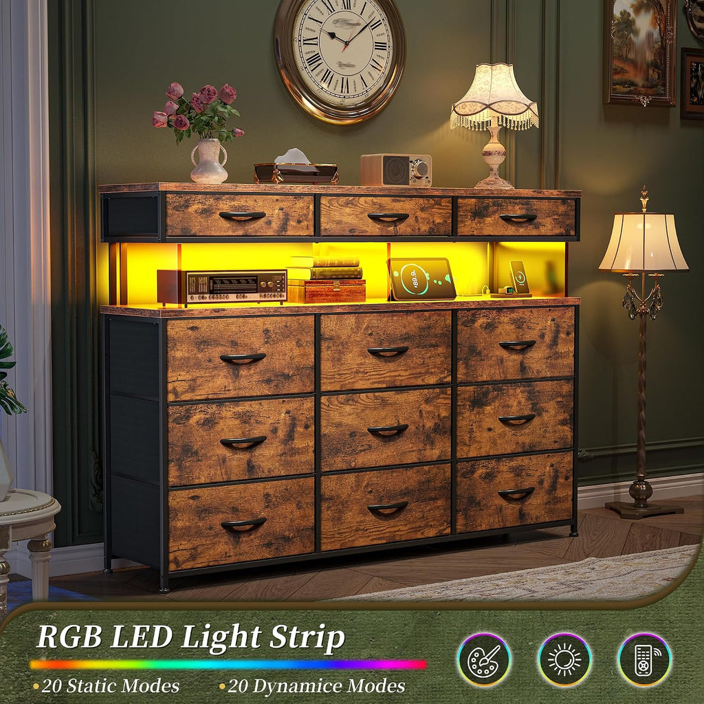 Romorgniz Dresser for Bedroom with Charging Station and LED Lights, Fabric Dressers & Chest of Drawers, Dresser TV Stands for Living Room, Open Shelves, 10MM Thick Acrylic Sheet, Brown