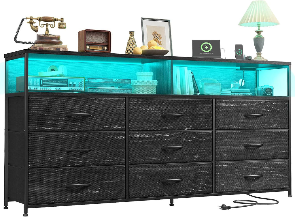Romorgniz 55' W Dresser for Bedroom with 9 Drawers LED TV Stand with Power Outlets for 45, 55, 65 Inch TV Sturdy Long Chest of Drawers with Extra 2 Wooden Shelves Steel Frame Grain Black