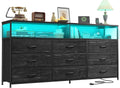 Romorgniz 55' W Dresser for Bedroom with 9 Drawers LED TV Stand with Power Outlets for 45, 55, 65 Inch TV Sturdy Long Chest of Drawers with Extra 2 Wooden Shelves Steel Frame Grain Black