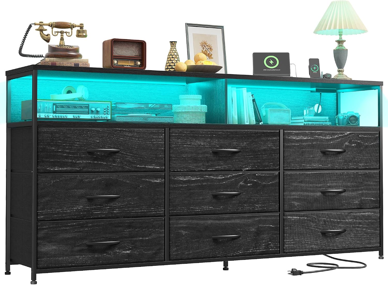 Romorgniz 55' W Dresser for Bedroom with 9 Drawers LED TV Stand with Power Outlets for 45, 55, 65 Inch TV Sturdy Long Chest of Drawers with Extra 2 Wooden Shelves Steel Frame Grain Black