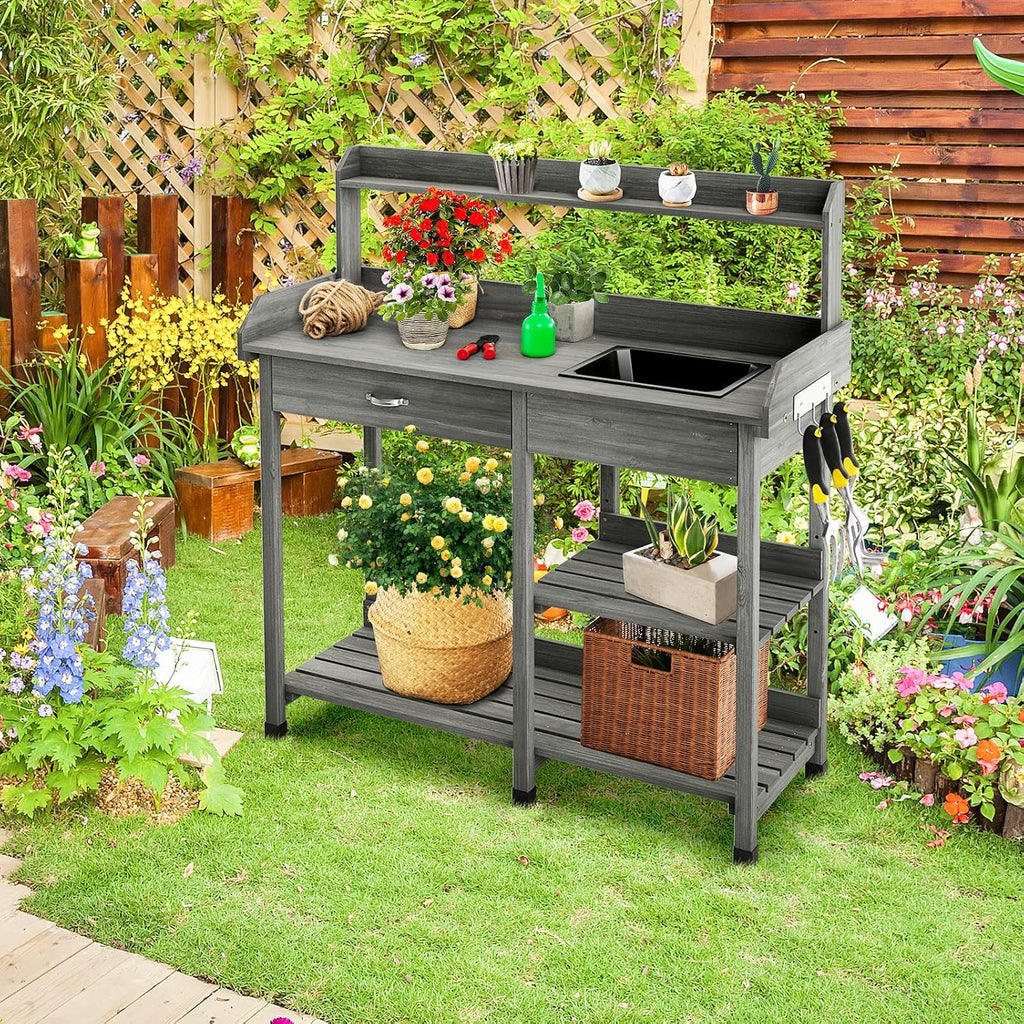 TANGZON Garden Potting Table, Wooden Potting Bench with Large Sink, Drawer, Open Shelves & 3 Hooks, Outdoor Gardening Flower Plant Workstation for Patio Balcony Yard Lawn (Grey)