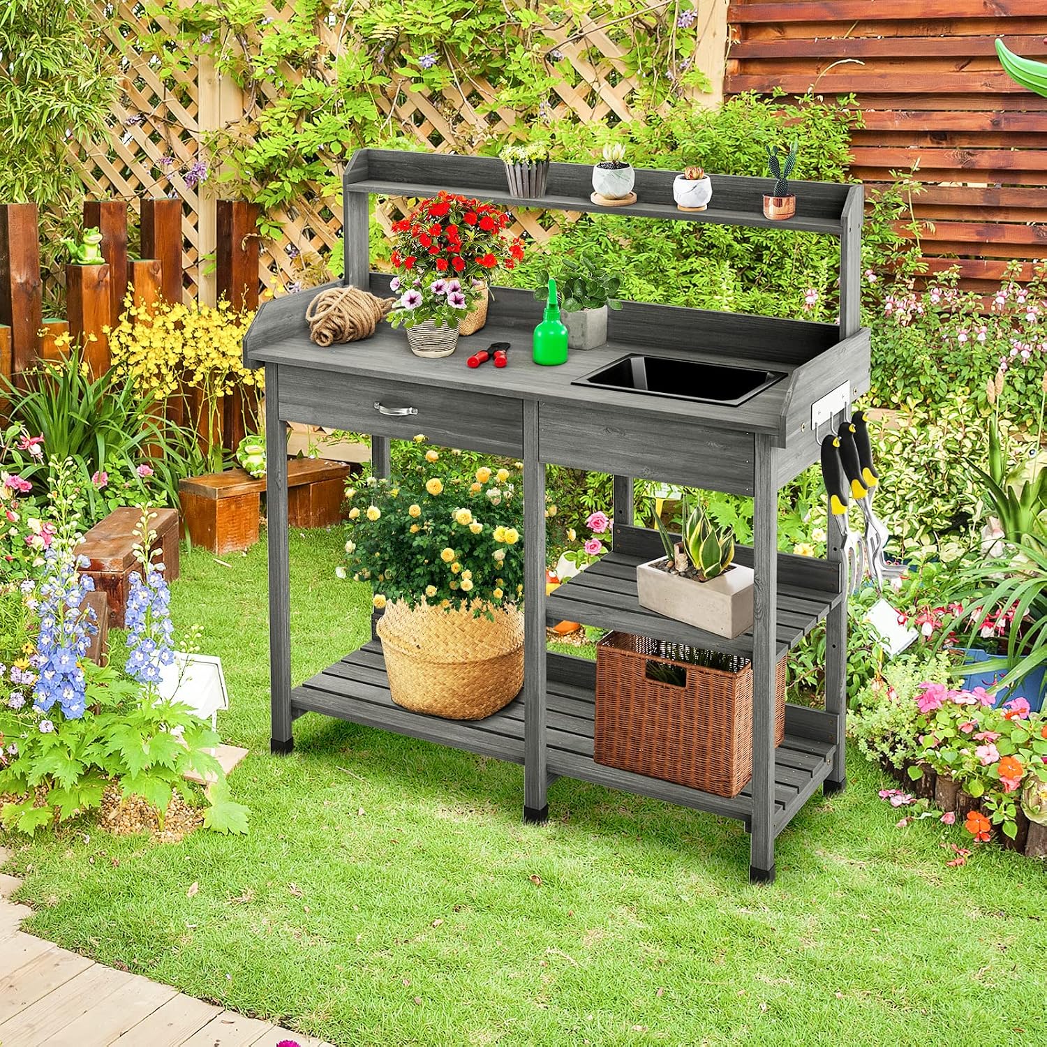 TANGZON Garden Potting Table, Wooden Potting Bench with Large Sink, Drawer, Open Shelves & 3 Hooks, Outdoor Gardening Flower Plant Workstation for Patio Balcony Yard Lawn (Grey)