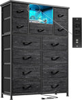 Romorgniz Dresser for Bedroom with 13 Fabric Drawers, Black Dresser with LED & 4 Charging Ports, 47''H Chest of Drawers with Open Storage Shelves for Hallway, Entryway