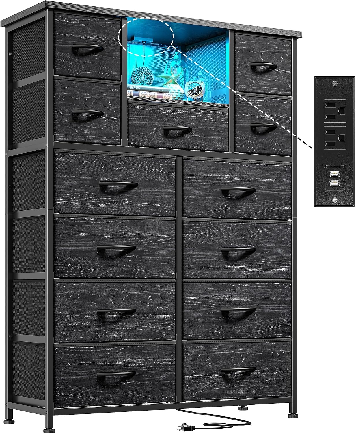 Romorgniz Dresser for Bedroom with 13 Fabric Drawers, Black Dresser with LED & 4 Charging Ports, 47''H Chest of Drawers with Open Storage Shelves for Hallway, Entryway