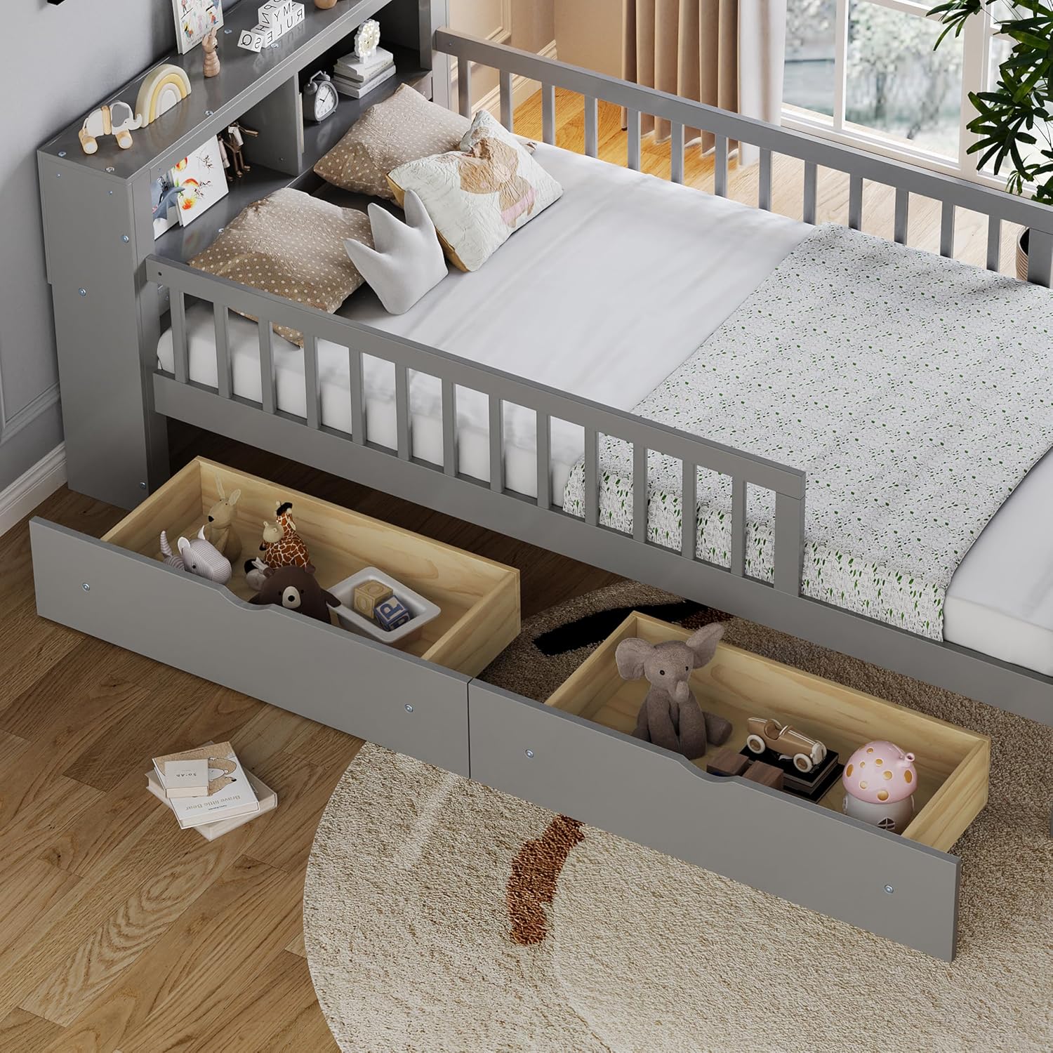 Kids Twin Size Bed Frame with Storage Drawers and Bookcase,Wood Twin Bed Frames for Kids,Twin Bed Frame with Headboard and Footboard for Boys Girls,No Box Spring Needed,Gray
