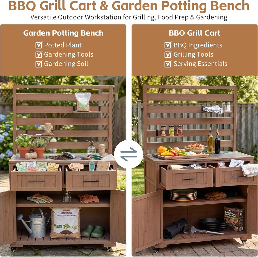 Solid Wood Grill Prep BBQ Table,Garden Potting Bench with Stainless Table Top,3 Movable Shelves and 2 Drawers (Brown-LP)