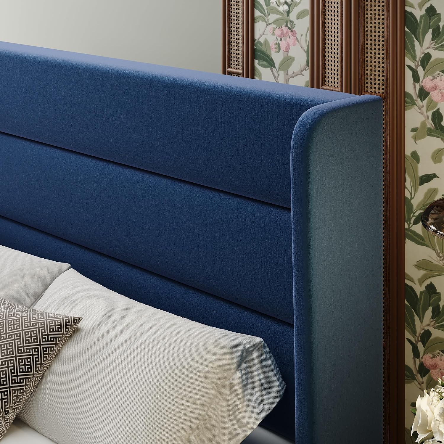 SHA CERLIN Full Size Velvet Bed Frame with Wingback Headboard/Upholstered Platform Bed with Wooden Slats/Mattress Foundation/No Box Spring Needed/Easy Assembly/Blue