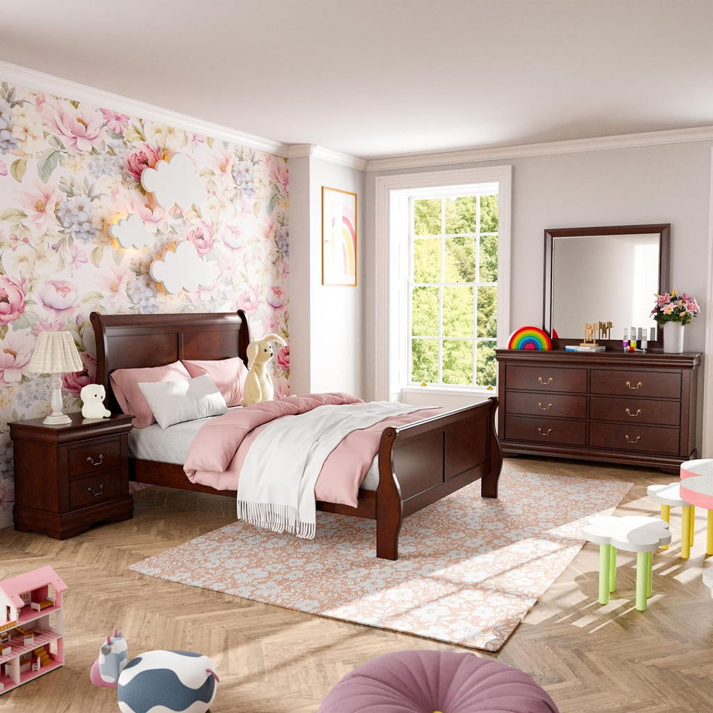 Furniture of America Louis Philippe Traditional Solid Wood 4 Piece Bedroom Set, Full Bed Frame, Nightstand, and Dresser with Mirror, Bedframe with Headboard and Footboard, Box Spring Needed, Cherry